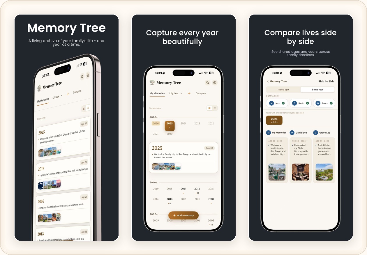 Memory Tree app screens showing family timelines and side-by-side comparison.
